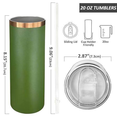20 oz Skinny Tumblers Bulk with Lids and Straws Army Green (8 Count)