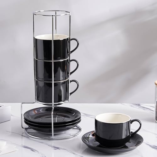 8 Ounce Stackable Cappuccino Cups with Saucers and Metal Stand