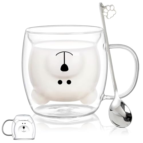 Bear Cute Mugs Kawaii Double Wall Glass Coffee Tea Mill Yogurt Cup Funny Novelty Gift for Women Her Friends Office Birthday Christmas