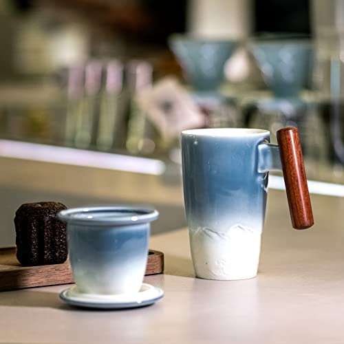 Tomotime Tea Cup with Infuser and Lid 400ml Ceramic Tea Mugs Smooth Inner Wall Wooden Handle 13.5 oz