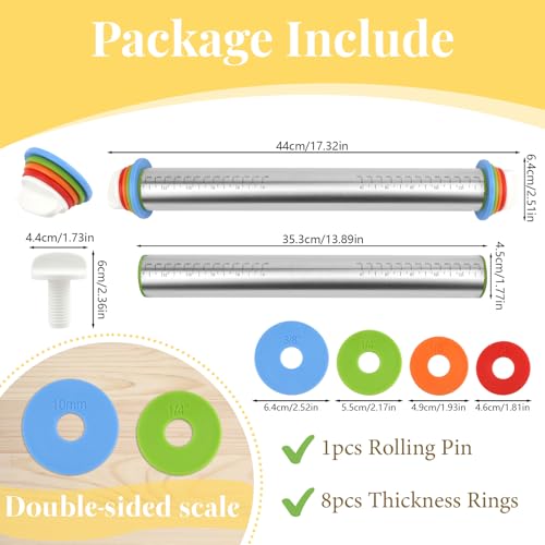 Adjustable Rolling Pin with 4 Thickness Rings for Baking