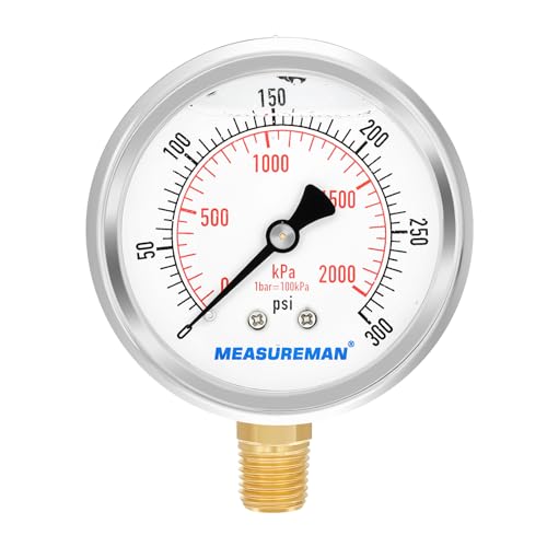 2-1/2inch Dial Size, Glycerin Filled Pressure Gauge, 0-300psi/kpa, 304 Stainless Steel Case, 1/4 inchNPT Lower Mount