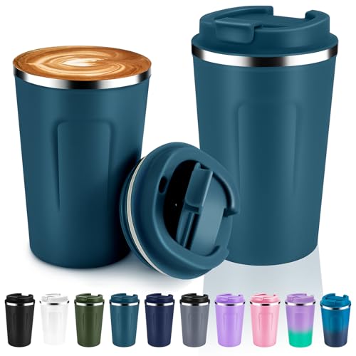 12 oz Double Wall Insulated Vacuum Travel Coffee Mugs with Flip Lid Bulk 2 Pack (2 Count)