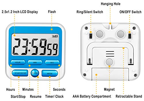 4-in-1 Digital Timer with Count Up/Down, Clock & Alarm, Ring & Silent Modes