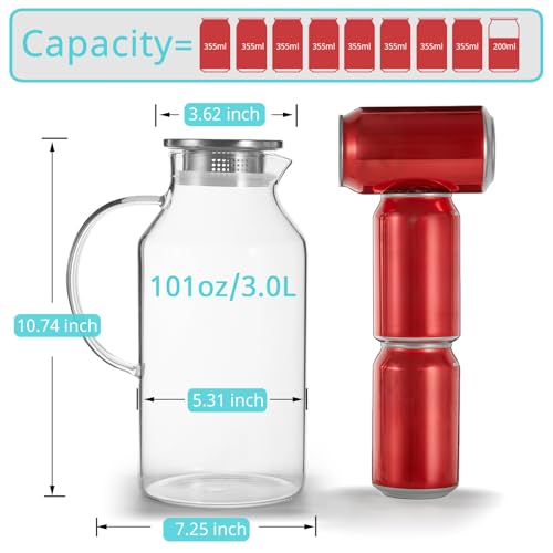 3 Liter 101 oz Glass Pitcher with Lid and Handle