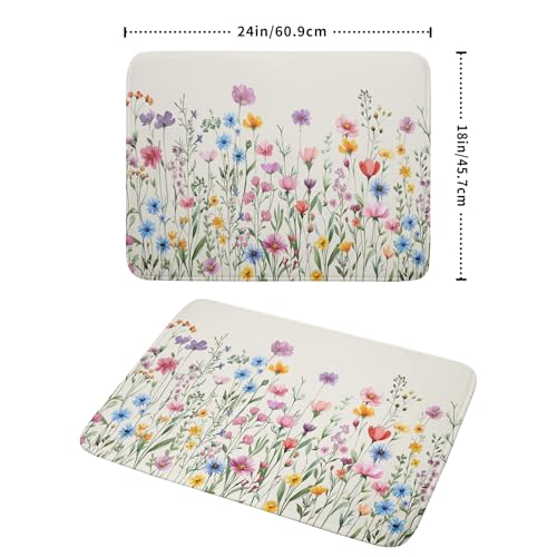 Spring Floral Dish Drying Mat 18"x24" Watercolor Summer Wildflower Dish Drainer Mats Herb Flower Reversible Absorbent Dish Drying Pad Decor for Kitchen Countertop Dining Room