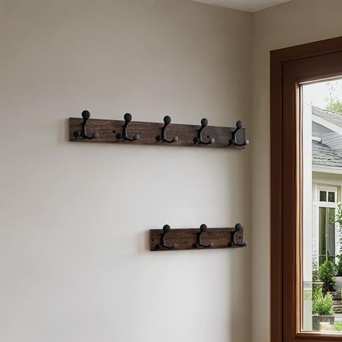 30 Inch Wood Burnt Coat Rack Wall Mount with 5 Triple Hooks (2 Count)