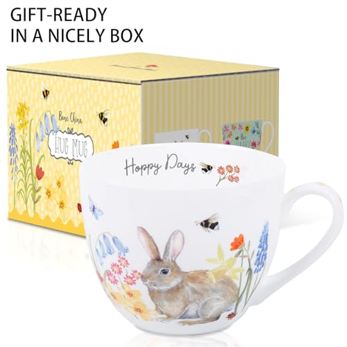 20 oz Bunny Coffee Mug with Spring Flowers & Happy Days Slogan