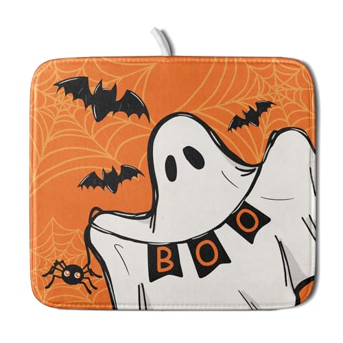 Orange Halloween Dish Drying Mat Spooky Boo Ghost Black Bats Dish Drainer Mats 16"x18" Spider Web Microfiber Reversible Dish Drying Rack Pad Protector for Kitchen Countertop Small Decor