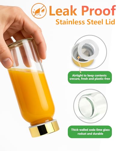 10 oz Glass Juice Bottles with Stainless Steel Gold Lid Leak Proof (8 Count)
