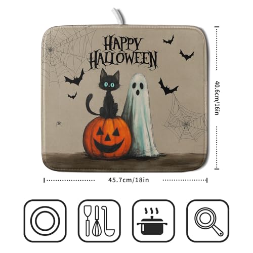 Happy Halloween Black Cat Ghost Dish Drying Mat for Kitchen Counter