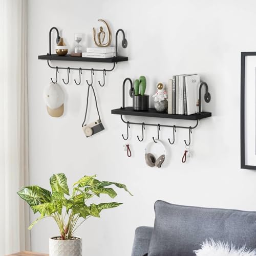 Floating Wall Shelves for Kitchen Bathroom Coffee Nook with 10 Adjustable Hooks for Mugs Cooking Utensils or Towel Rustic Storage Shelves Set of 2 (2 Count)