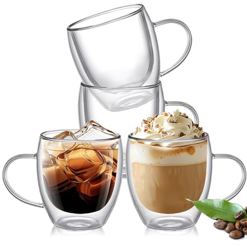 6 Ounces Set of 4 Double Walled Glass Coffee Mugs with Handle Insulated Layer Coffee Cups Borosilicate Glass Espresso Double Insulated Clear Glass Coffee Mug for Hot Beverages (4 Count)