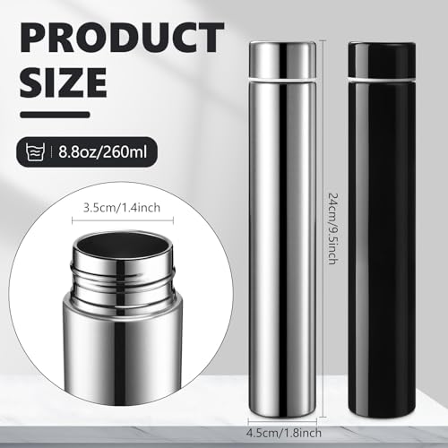 2 Pack Silver Black Slim Stainless Steel Water Bottle 8.8 oz (2 Count)