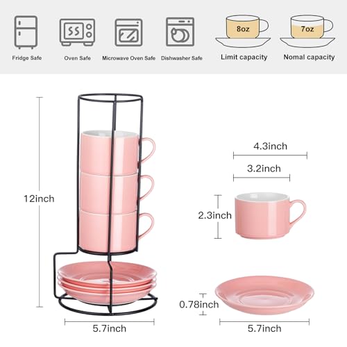 8 OZ Porcelain Stackable Cappuccino Cups and Metal Stand Set of 4 (4 Count)