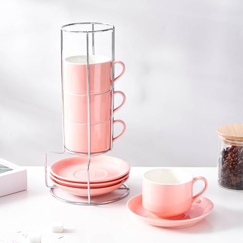 2.5 Ounce Stackable Espresso Cups with Saucers and Metal Stand (4 Count)