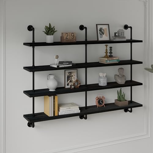 Floating Shelves for Wall Bookshelf Industrial Pipe Shelving Shelves 60 Inch Natural Wood Planks Rustic Wall Shelves Hanging Bookshelves Farmhouse Kitchen Shelving Black