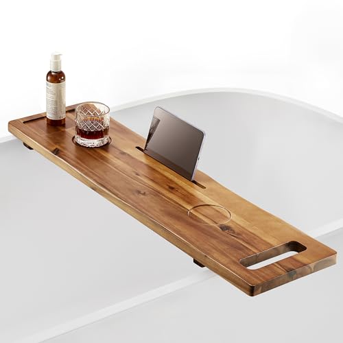39" L Acacia Wood Bathtub Tray with Adjustable Width & Phone Slots