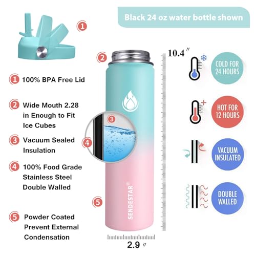 Stainless Steel Wide Mouth Water Bottle 24oz Double Wall Vacuum Insulated Leak Proof Bottle with New Flex Straw Lid & Spout Lid