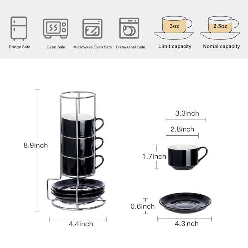2.5 Ounce Stackable Espresso Cups with Saucers and Metal Stand (4 Count)