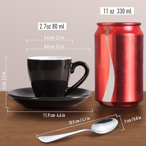 Porcelain Espresso Shot Cup Set with Saucers and Stainless Steel Spoons (4 Count)