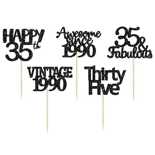 30 Pack Vintage 1989 Cupcake Toppers Black Glitter Thirty Five Happy 35 Cake Decorations Cheers to 35 Years Birthday Cupcake Picks 35th Birthday Anniversary Cake Decorations (30 Count)