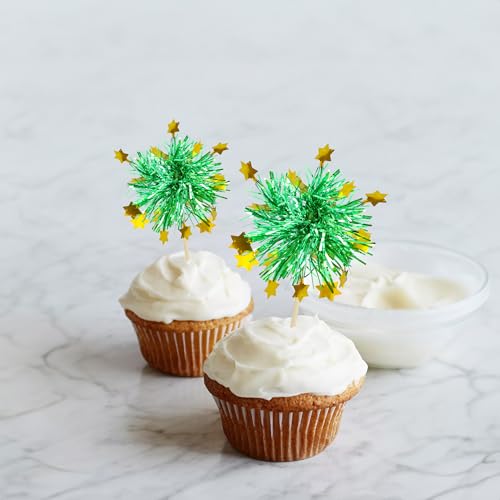 30Pcs Foil Firework Cupcake Toppers Happy Birthday Cake Toppers Tinsel Flower Drink Stirrers Cocktail Food Fruit Toothpicks for Valentine's Day Party Decorations Green (30 Count)