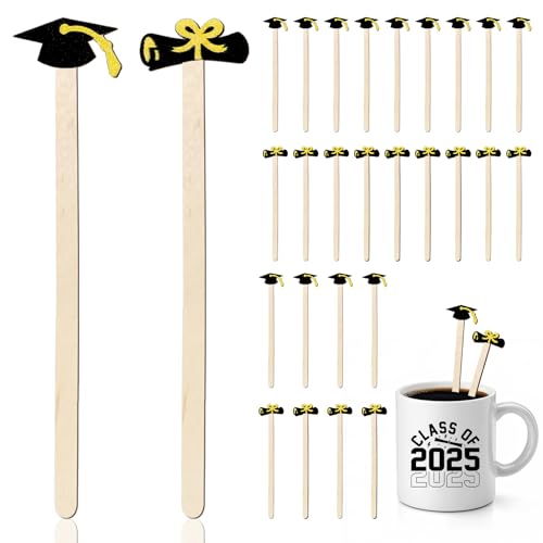 120Pcs Graduation Coffee Stirrers 2026 Grad Black Hat Diploma Disposable Stir Sticks Wooden Drink Stirrers for Home Office Bar Restaurant Party Supplies