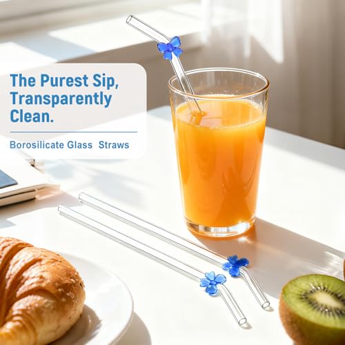 8 Pack Blue Bow Glass Straws with Charms (8 Count)