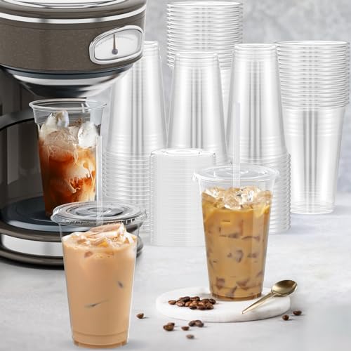 100 Pack 20 oz Clear Plastic Cups with Lids and Straws (100 Count)