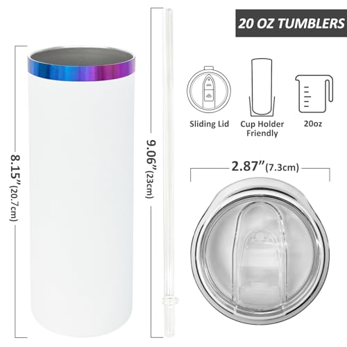 20 oz Skinny Tumblers Bulk with Lids and Straws White (8 Count)