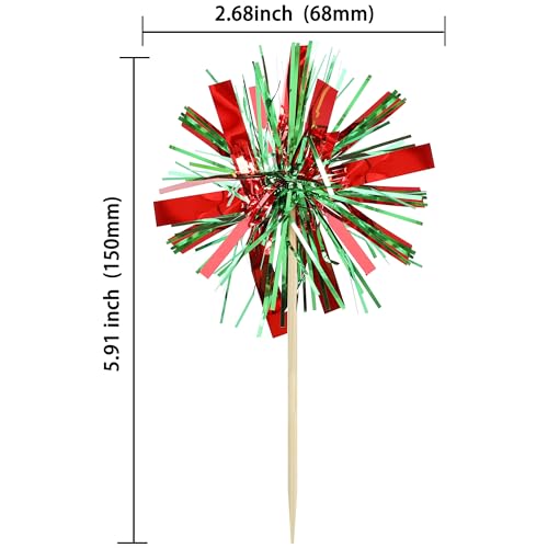 20Pcs Foil Firework Cupcake Toppers Happy Birthday Cake Toppers Tinsel Flower Drink Stirrers Cocktail Food Fruit Toothpicks for Valentine's Day Party Birthday Wedding Supplies Green Red (20 Count)