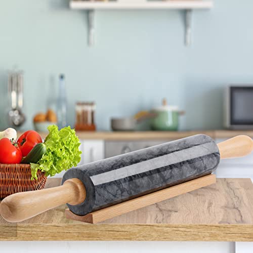 Marble Rolling Pin with Wooden Cradle Thick Handle Set for Baking