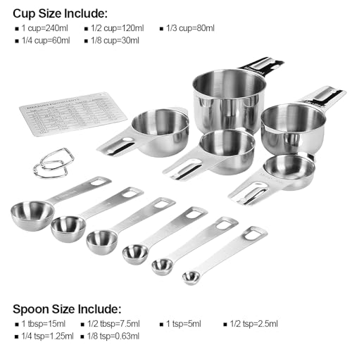 Measuring Cups and Spoons Set Heavy Duty 304 Metal Stainless Steel Measuring Cup Spoon Kitchen Gadgets for Cooking Baking (14 Count)