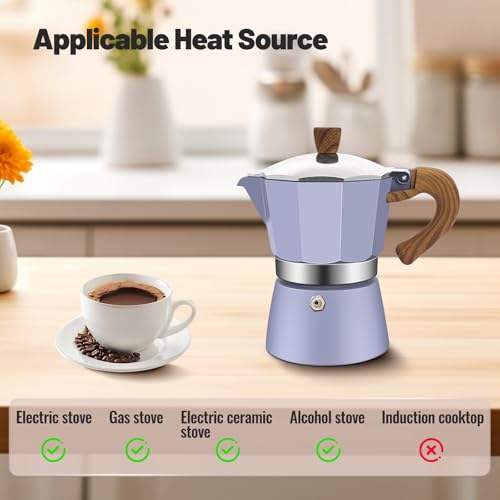 6 Cup Aluminum Moka Pot Classic Stovetop Espresso Coffee Maker 300ml 10oz Coffeemaker Percolator Mocha Pot Greca Coffee Maker Cafe Makers for Italian and Cuban Café Brewing Purple