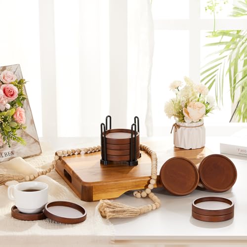 Set of 6 Wooden Coasters with Holder
