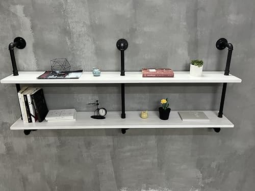 Industrial Pipe Shelving Rustic White Pipe Wall Shelves Industrial Shelves with Wood Planks Floating Shelves 60 Inch Farmhouse Bathroom (2 Count)
