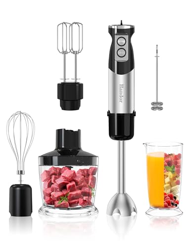 6-in-1 Hand Immersion Blender, 1000W 12 Speed Handheld Blender with 600ml Beaker, 500ml Chopper, Egg Whisk, Milk Frother, Stainless Steel Blades for Soup, Smoothie, Puree
