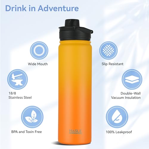 Insulated Water Bottle 22 oz Double Wall Stainless Steel Water Bottle Wide Mouth with Straw Lid & Spout Lid Keeps Cold or Hot