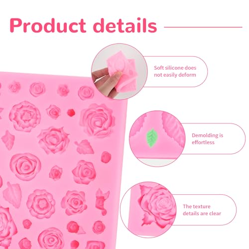 2 Pcs Rose Flowers and Leaves Chocolate Fondant Candy Silicone Molds for Cupcake Toppers