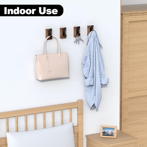 4 PCS Black Walnut Wood Wall Hooks Adhesive Mounted & Wall Mounted Rustic Decorative Entryway Hooks Mid Century Modern Natural Wooden Pegs for Hanging Coat Clothes Hat Bag Purse and Towel (4 Count)