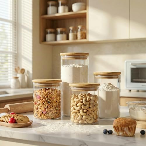 Large Glass Storage Containers with Bamboo Lids for Flour & Sugar (4 Count)