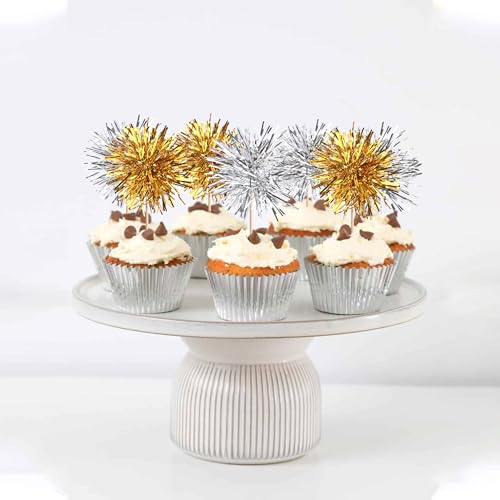 40 PCS Foil Firework Cupcake Toppers Sparkle Tinsel Cupcakae Picks Foil Firework Party Decorations Cocktail Fruit Toothpick for Fireworks Theme Birthday Wedding Graduation Party Decoration Gold Silver (40 Count)