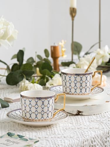 7 Oz Bone China Blue Tea Cup and Saucer Service for 4 (13 Count)