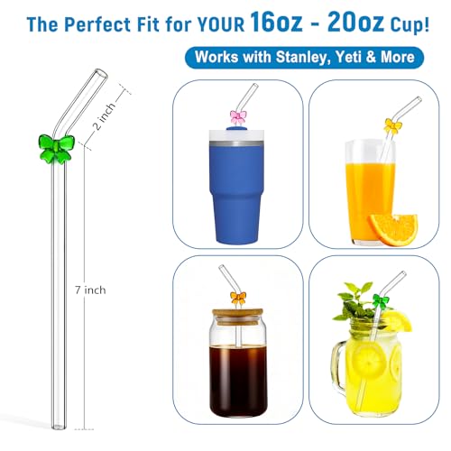 8pack Multicolor Bow Borosilicate Glass Straws with Charms (10 Count)
