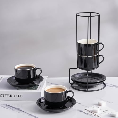 8 Ounce Porcelain Stackable Cappuccino Cups and Saucers Set of 4 (4 Count)