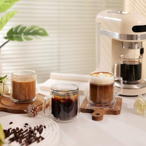 15oz(4-pack) Double Walled Glass Coffee Mugs,Large Insulated Glass Mugs with Handle,Clear Coffee Cups for Espresso,Latte,Cappuccino,Tea (4 Count)