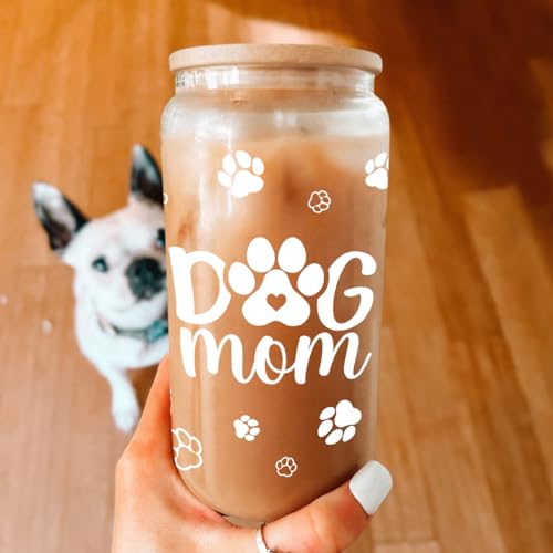 Dog Mom Cup 16 Oz Can Glass Coffee Mug with Bamboo Lid & Straw