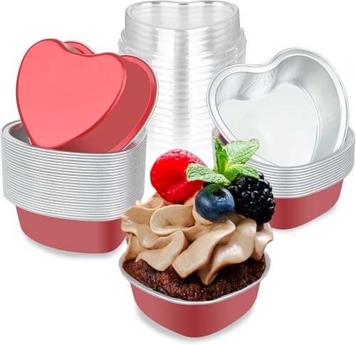 Min Cake Pans 3.5oz Aluminum Foil Heart Cake Pan with Lids (50 Count)