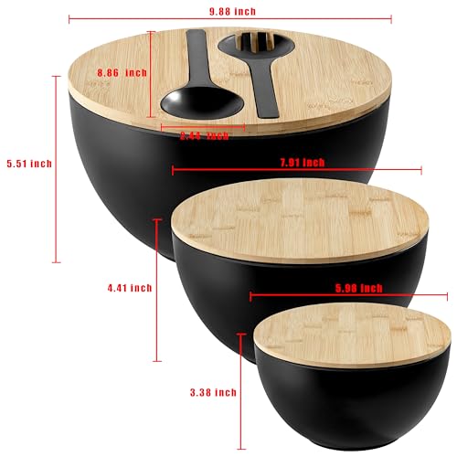 Large Salad Bowls with Bamboo Lids Set of 3